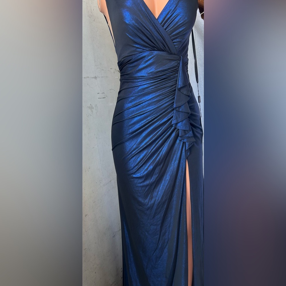 Metallic Navy Ruched Side-Slit Evening Dress - Picture 4 of 5